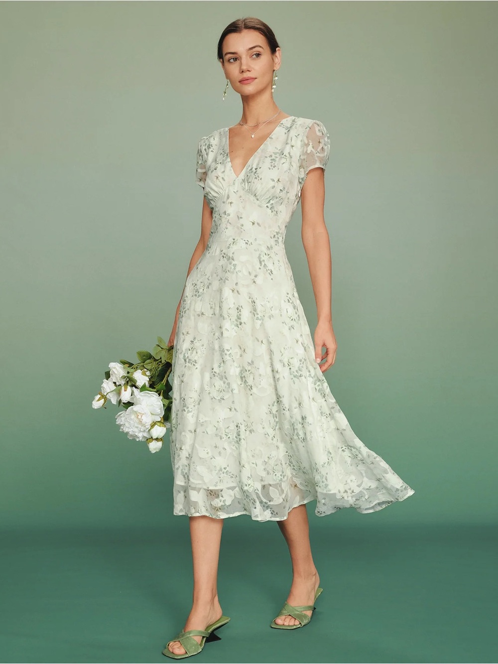 Rihoas Green Puffed Sleeve Floral Tunic Midi Dress - Picture 6 of 8